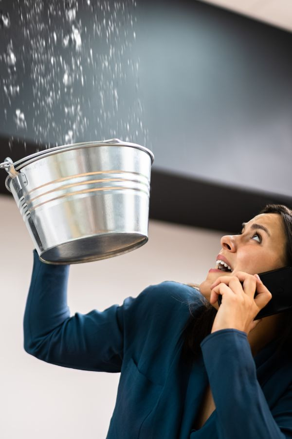 image of a woman using a bucket to catch a water leak