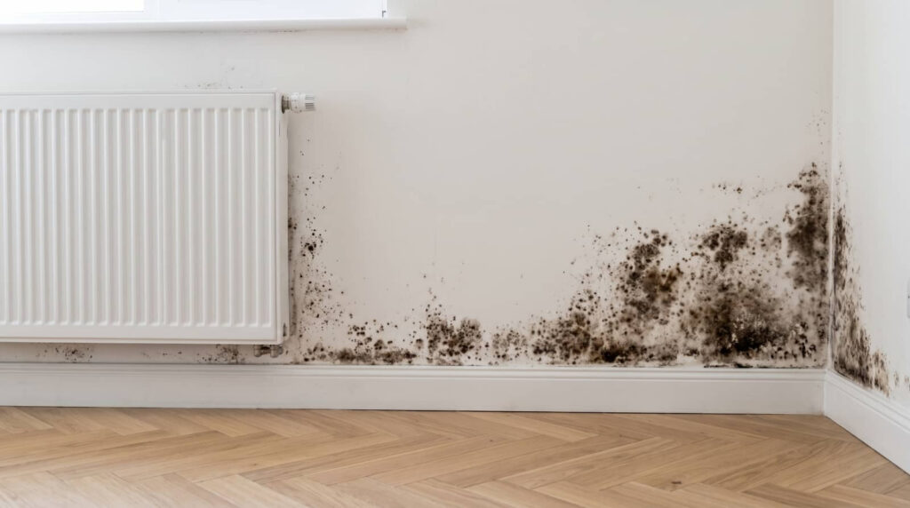 Mold growing on a white wall beside a radiator.