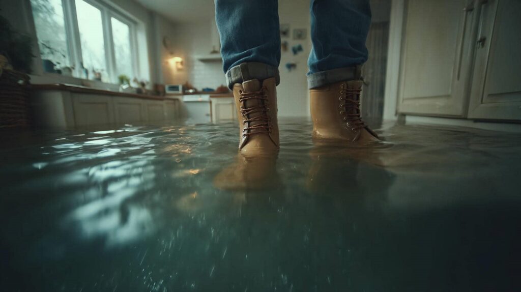 Person wearing boots standing in a flooded kitchen with water covering the floor.