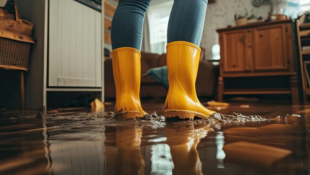 Person wearing yellow rain boots standing in a flooded room with water covering the floor.