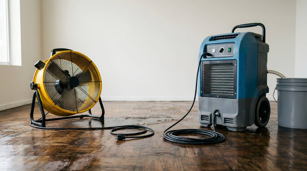 Industrial fan and dehumidifier drying a wet hardwood floor.