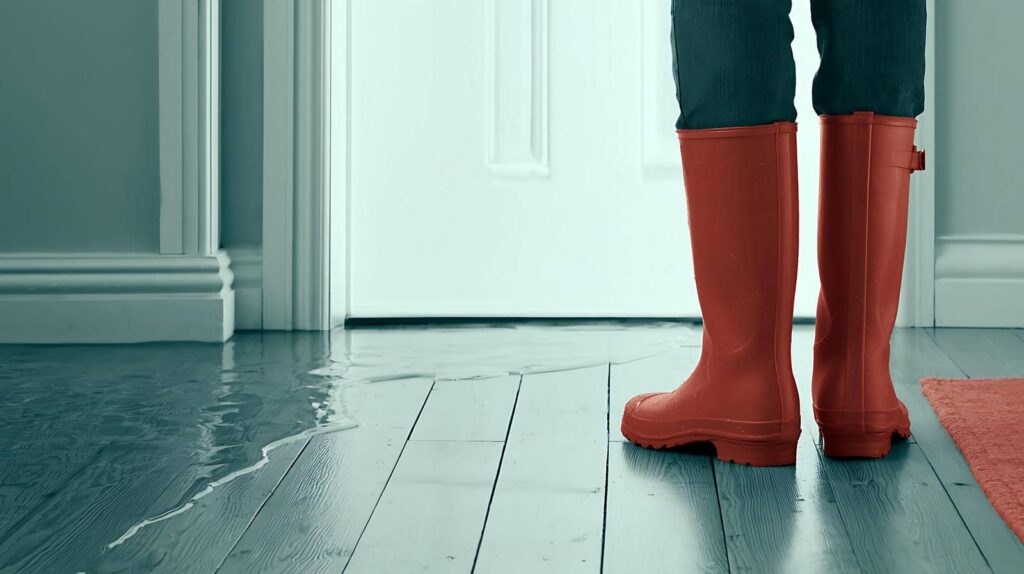 Person wearing red rain boots standing on a wet wooden floor near a closed door.
