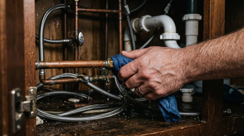 Hand holding a cloth wiping a leaking copper pipe under a sink.