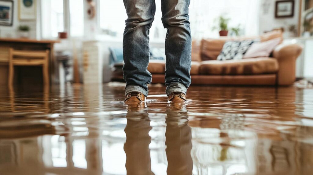 Person standing in water flooding a living room with furniture in the background.