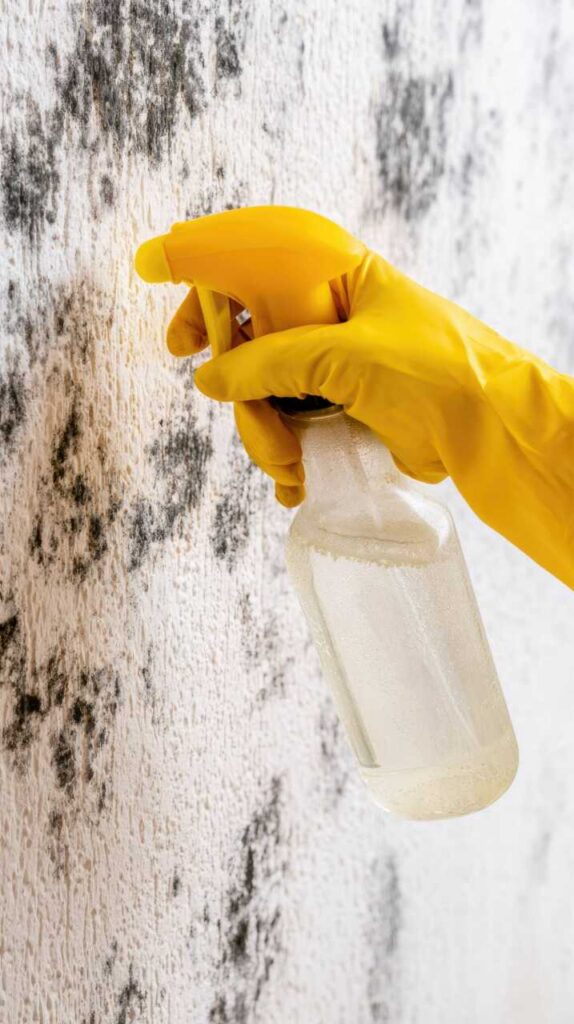 Hand in yellow glove holding spray bottle aimed at moldy white wall.