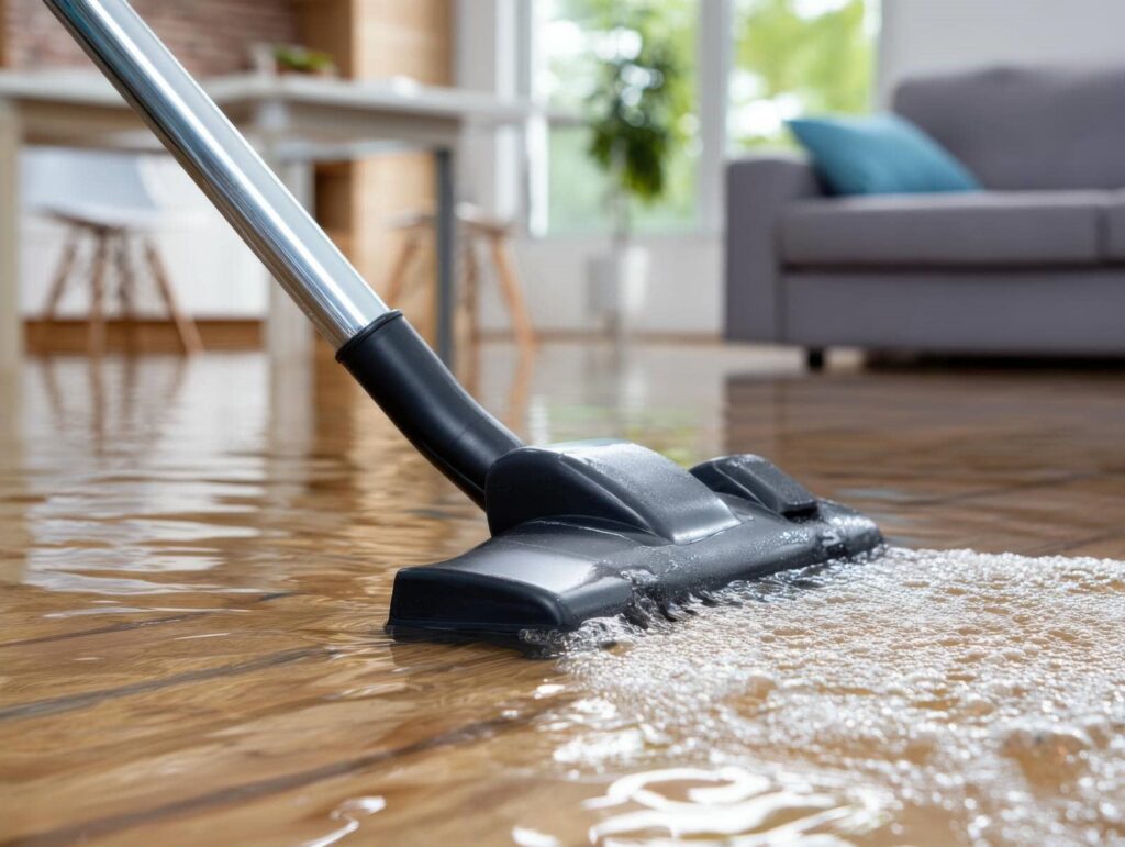 Vacuum cleaner head suctioning water from a flooded wooden floor in a living room.
