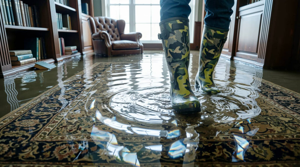 Person in camouflage rain boots standing in a flooded library room.