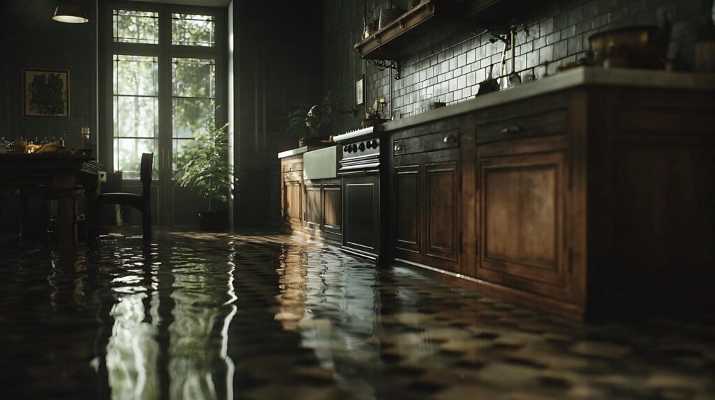 Flooded kitchen with water covering the floor and sunlight coming through glass doors.