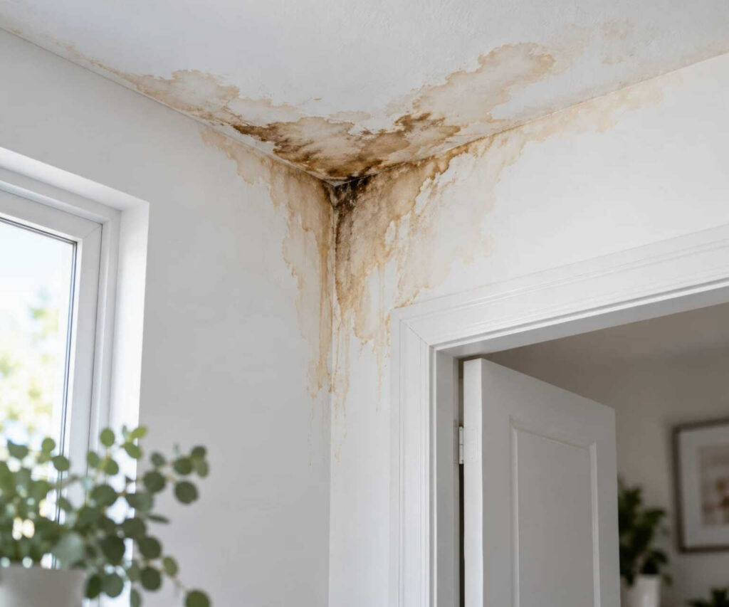 Water damage and mold stains on a ceiling corner above a doorway.
