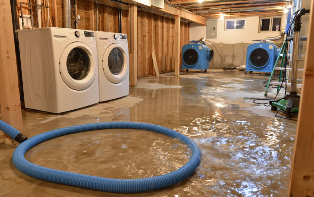 Flooded basement with dryers, dehumidifiers, and a water hose.
