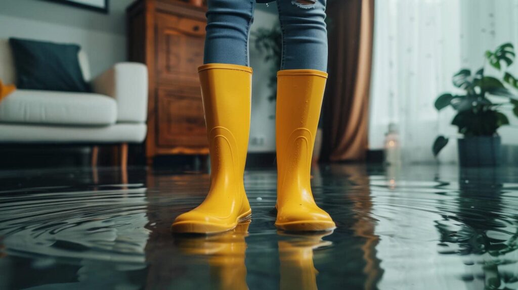 Person wearing yellow rain boots standing in a flooded room with water ripples around the boots.