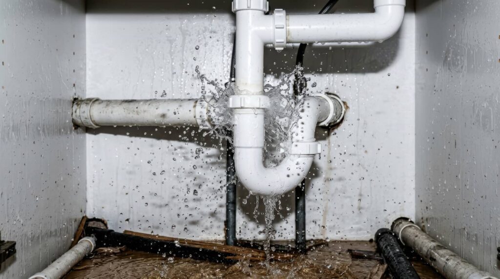 Water spraying from a burst white pipe under a sink with water pooling on the floor.