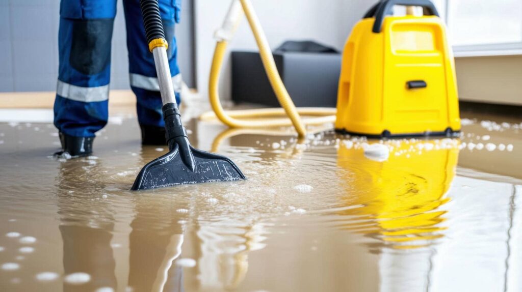 Person using a vacuum to remove water from a flooded indoor floor.