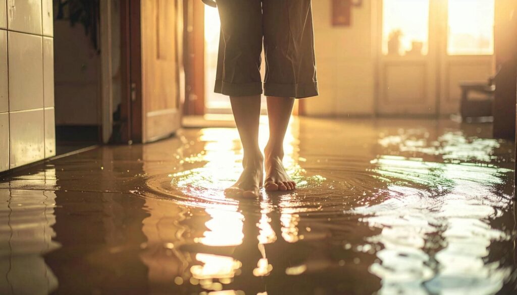 Bare feet standing in a flooded room with sunlight reflecting on the water.