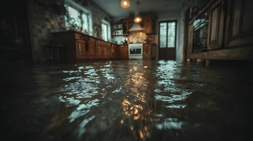 Flooded kitchen with water covering the floor and wooden cabinets visible in the background.