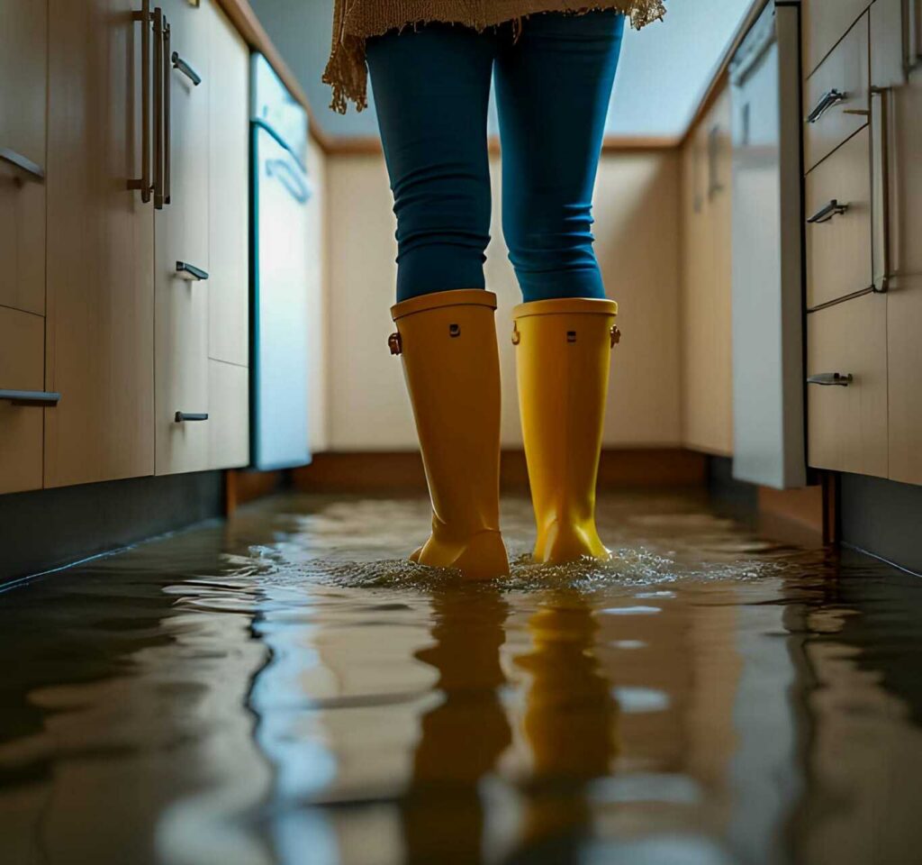 Person wearing yellow rain boots standing in a flooded kitchen with water covering the floor.