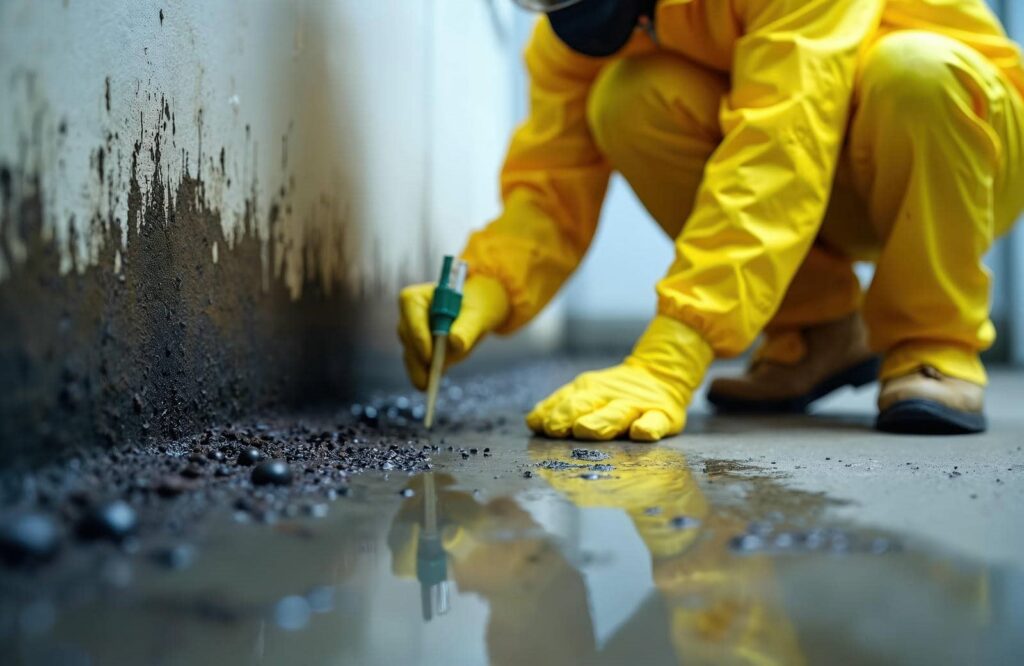 Person in yellow protective suit inspecting mold growth on a wall near a wet floor.