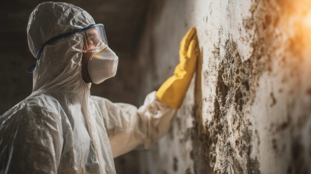 Person in protective suit and mask inspecting moldy wall with yellow glove.