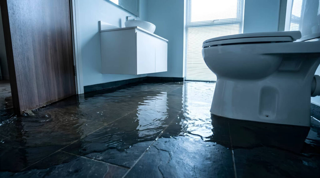Bathroom flooded with standing water around a toilet and sink.
