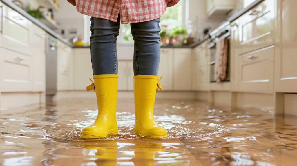 Child wearing yellow rain boots standing in a flooded kitchen with water on the floor.
