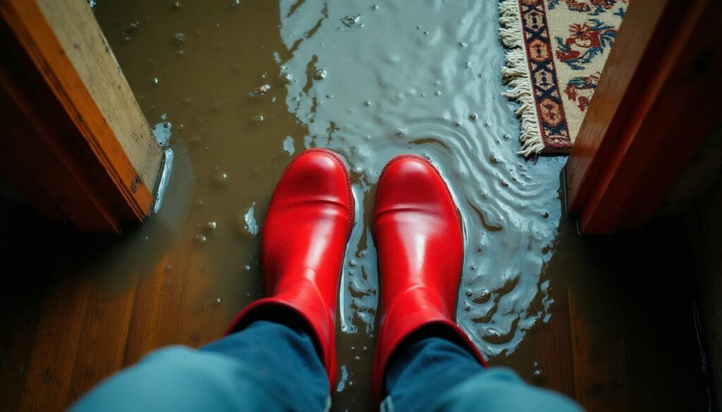 Red rain boots standing in floodwater inside a doorway with a partially submerged rug.