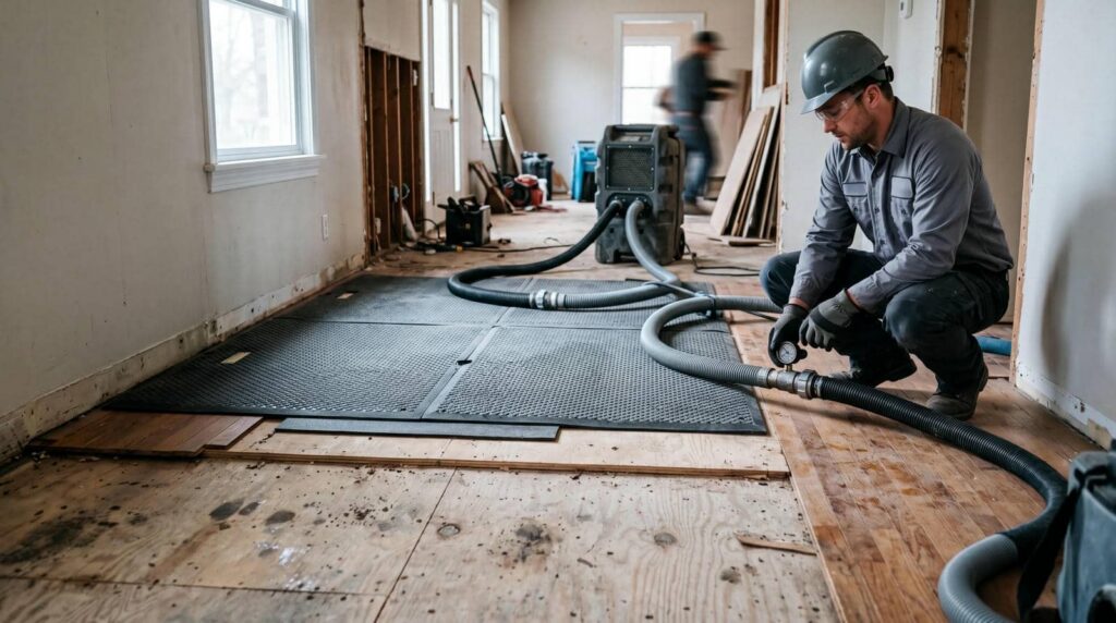 Worker in a hard hat inspects hoses connected to drying equipment in a water-damaged room.