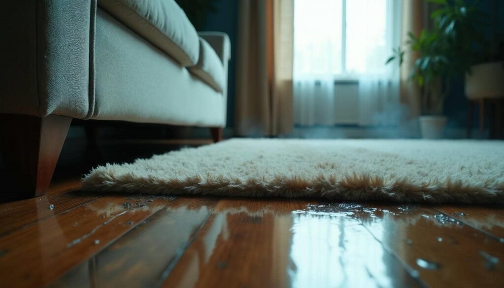 Water spilled on a wooden floor next to a beige sofa and a white fluffy rug.