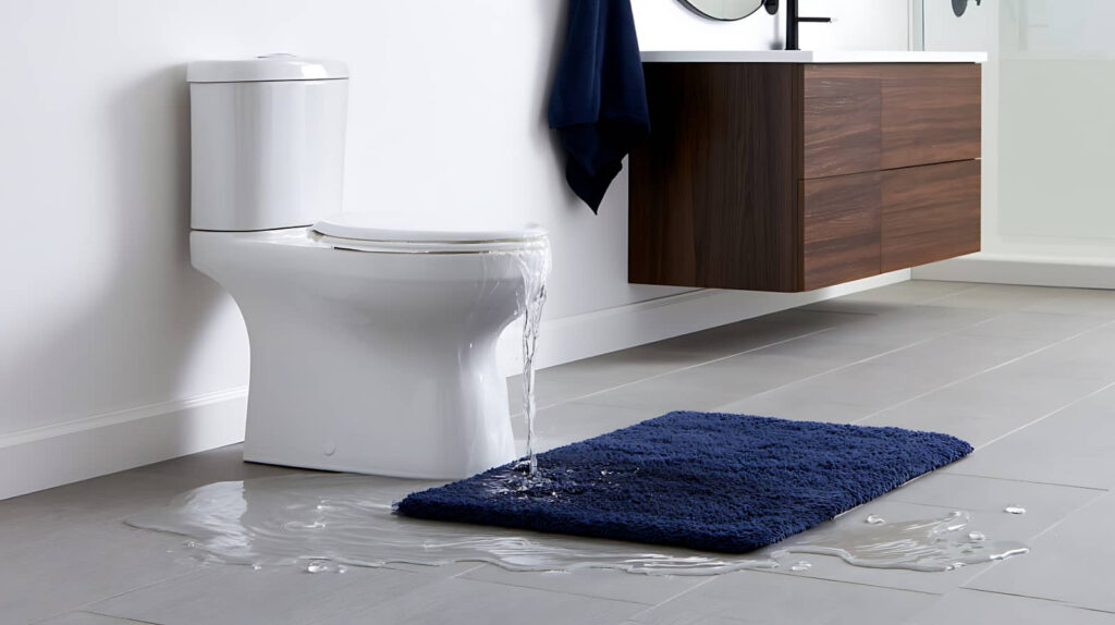 Toilet overflowing onto bathroom floor and rug.