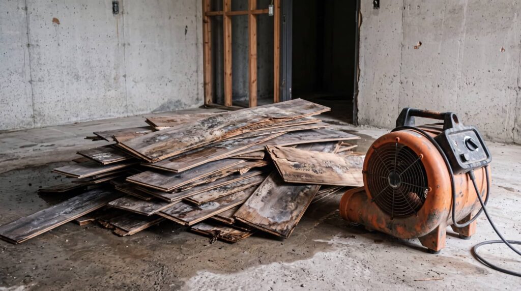 Pile of water-damaged wooden floorboards next to an orange industrial air blower in a concrete room.