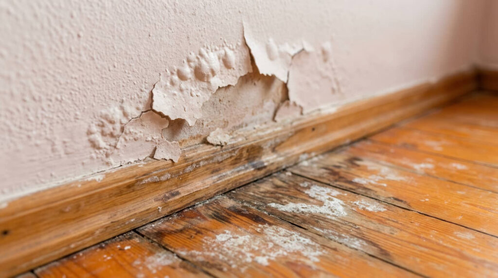 Peeling wall paint and moldy water-damaged floorboards.