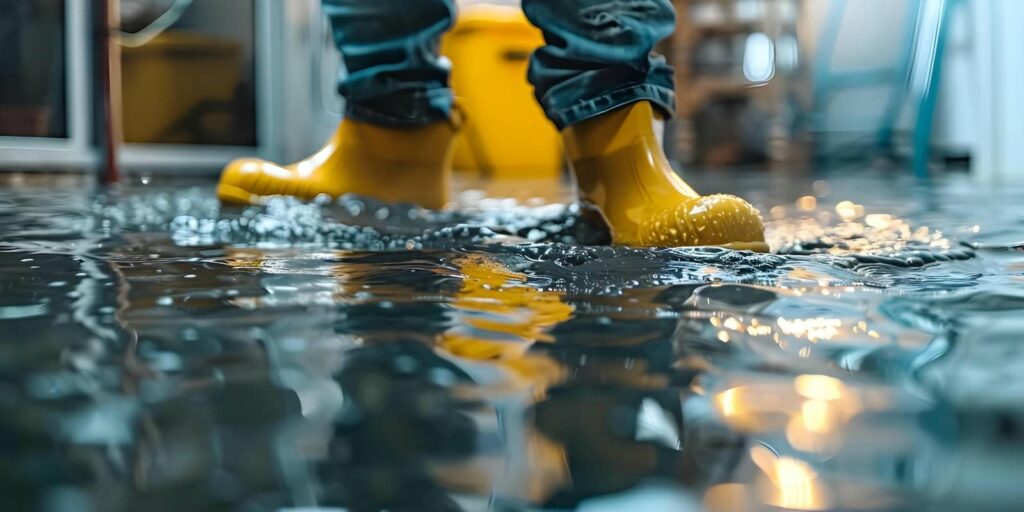 Person wearing yellow rain boots walking through indoor flood water.