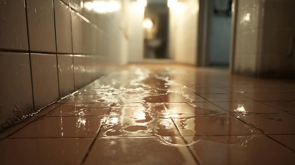 Water pooled and spreading on a tiled floor in a dimly lit hallway.