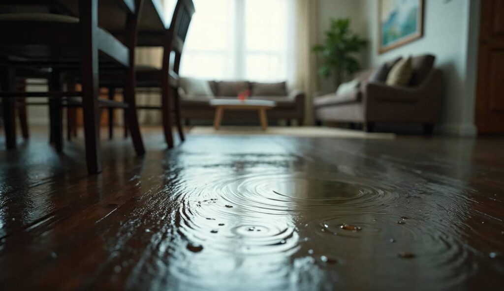 Water pooling and rippling on a wooden floor inside a living room with furniture in the background.