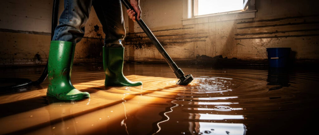Person in green boots vacuuming floodwater from a basement.