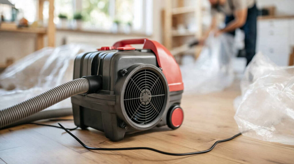 Air mover drying a flooded floor in a room under renovation.