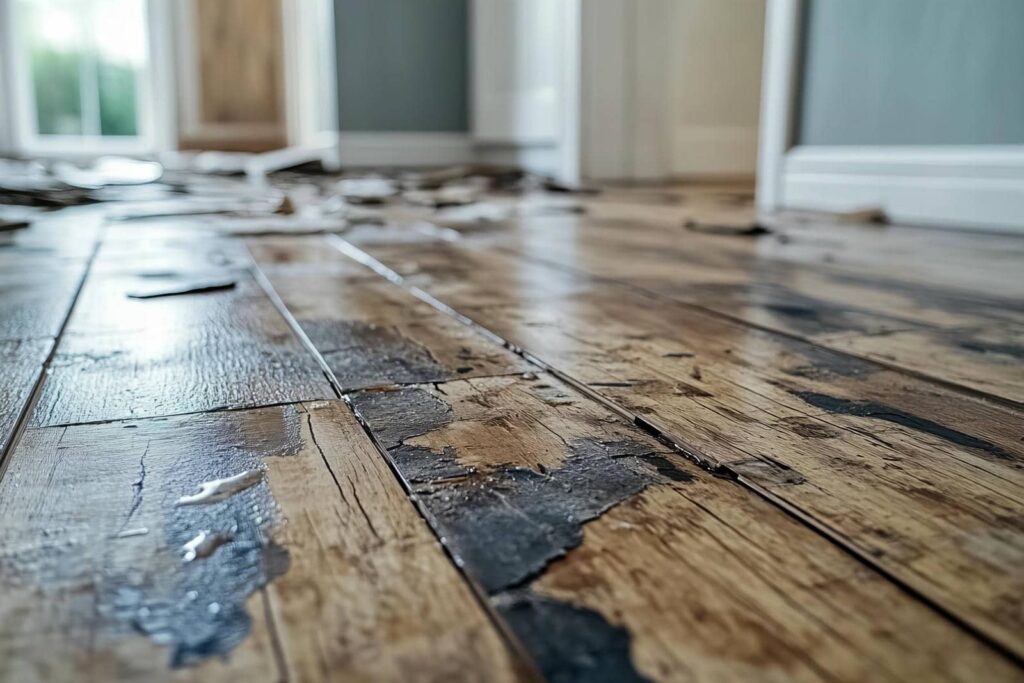 Wooden floorboards with water droplets scattered across the surface.