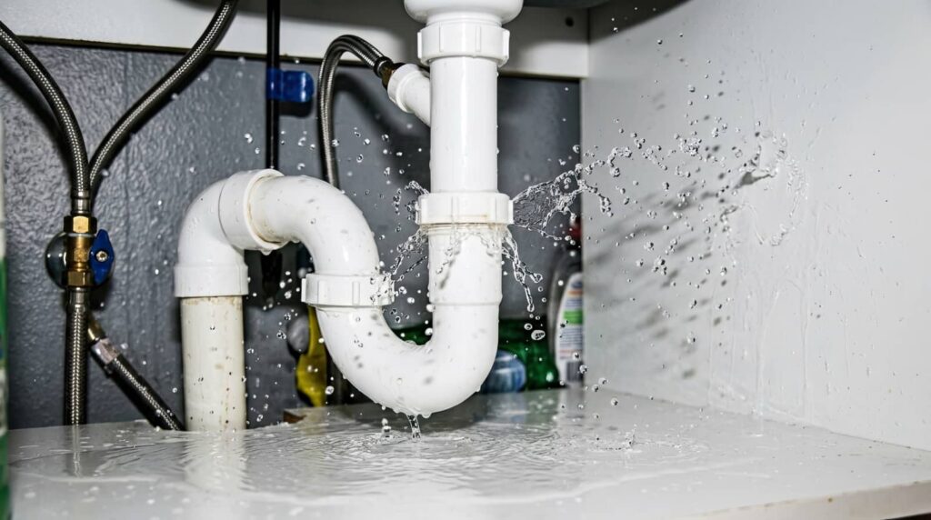 Water spraying from a leaking white pipe under a sink, causing a puddle on the surface below.