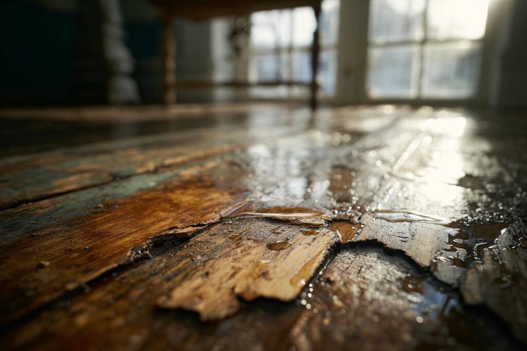Close-up of damaged, water-soaked wooden floorboards with peeling and warping.