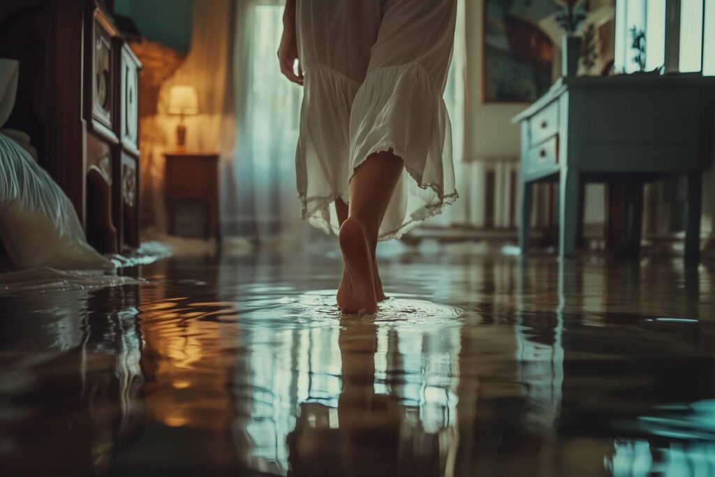Bare feet walking through water on a flooded wooden floor inside a dimly lit room.