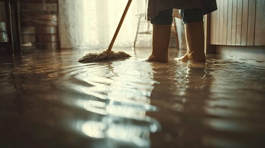 Person wearing boots mopping a flooded wooden floor inside a room.