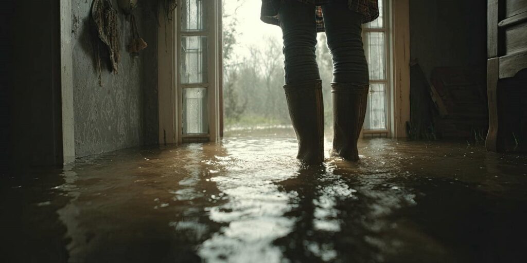 Person wearing boots standing in a flooded room with water reaching mid-calf level.