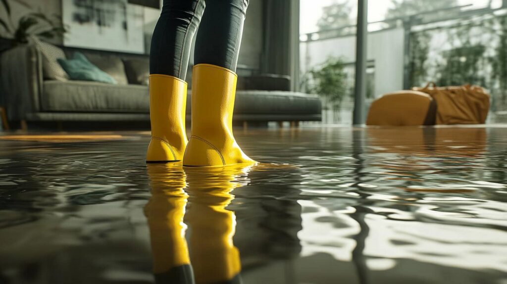 Person wearing yellow rain boots standing in a flooded living room with water covering the floor.
