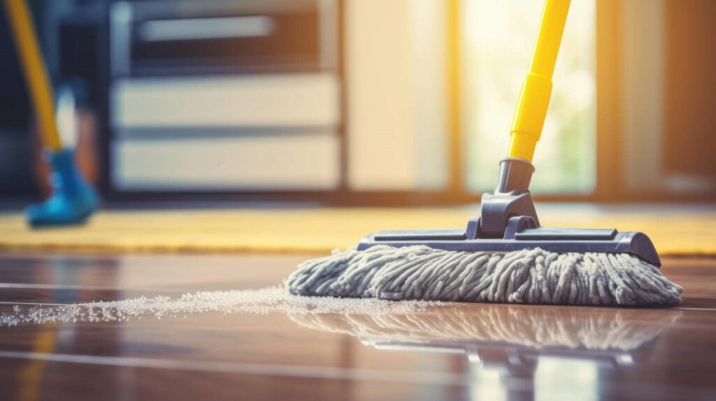 Mop cleaning a shiny wooden floor with sunlight in the background.