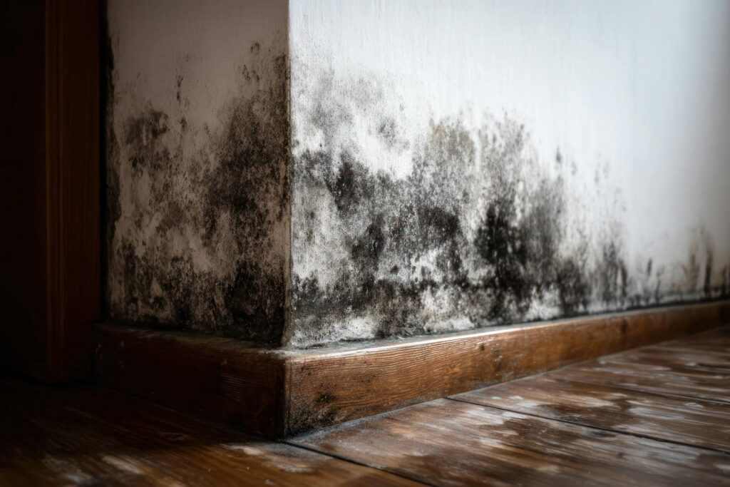 Black mold growing on the lower corner of white walls above a wooden floor.