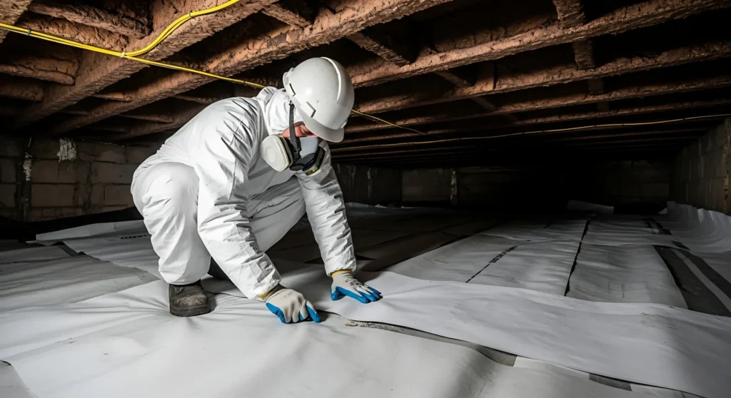 Worker in protective gear installing vapor barrier plastic sheeting in a crawl space.