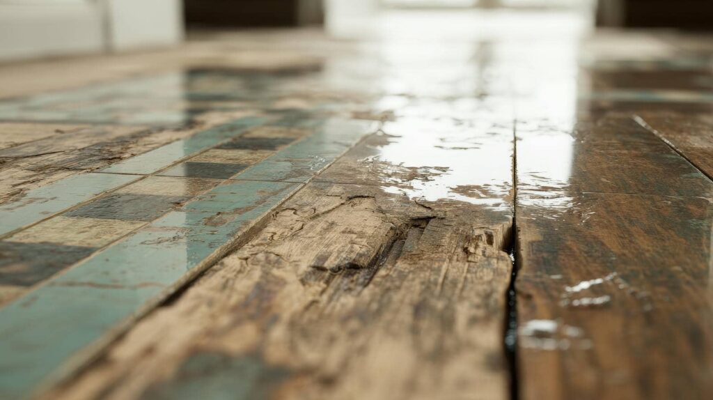 Close-up of a worn wooden floor with water puddles and faded blue tiles.