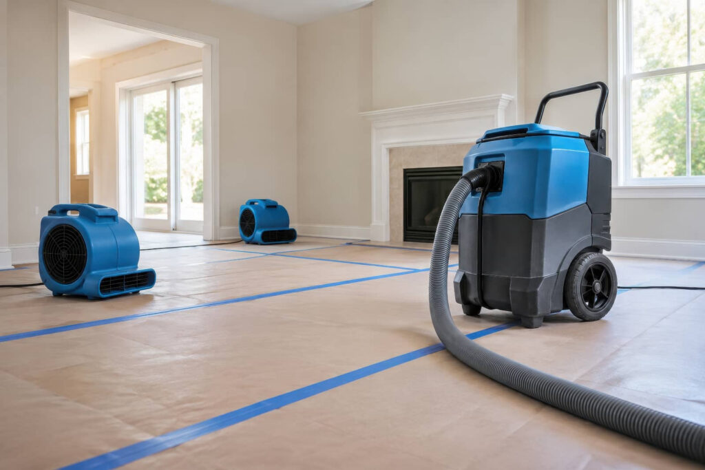Water damage drying fans and a dehumidifier in a taped-off room.