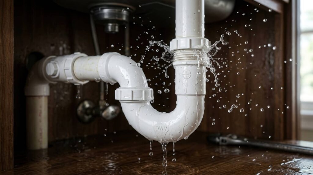 Water spraying from a leaking white pipe under a sink.