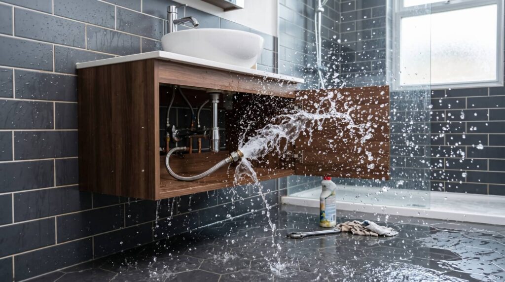 Water spraying from a burst pipe under a bathroom sink with an open cabinet door.
