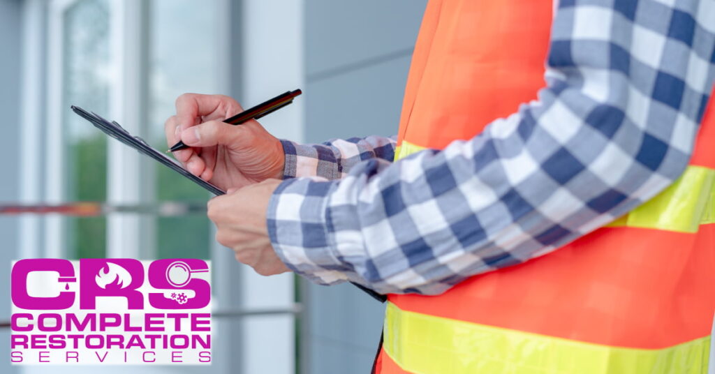Person in safety vest writing on clipboard indoors with Complete Restoration Services logo.